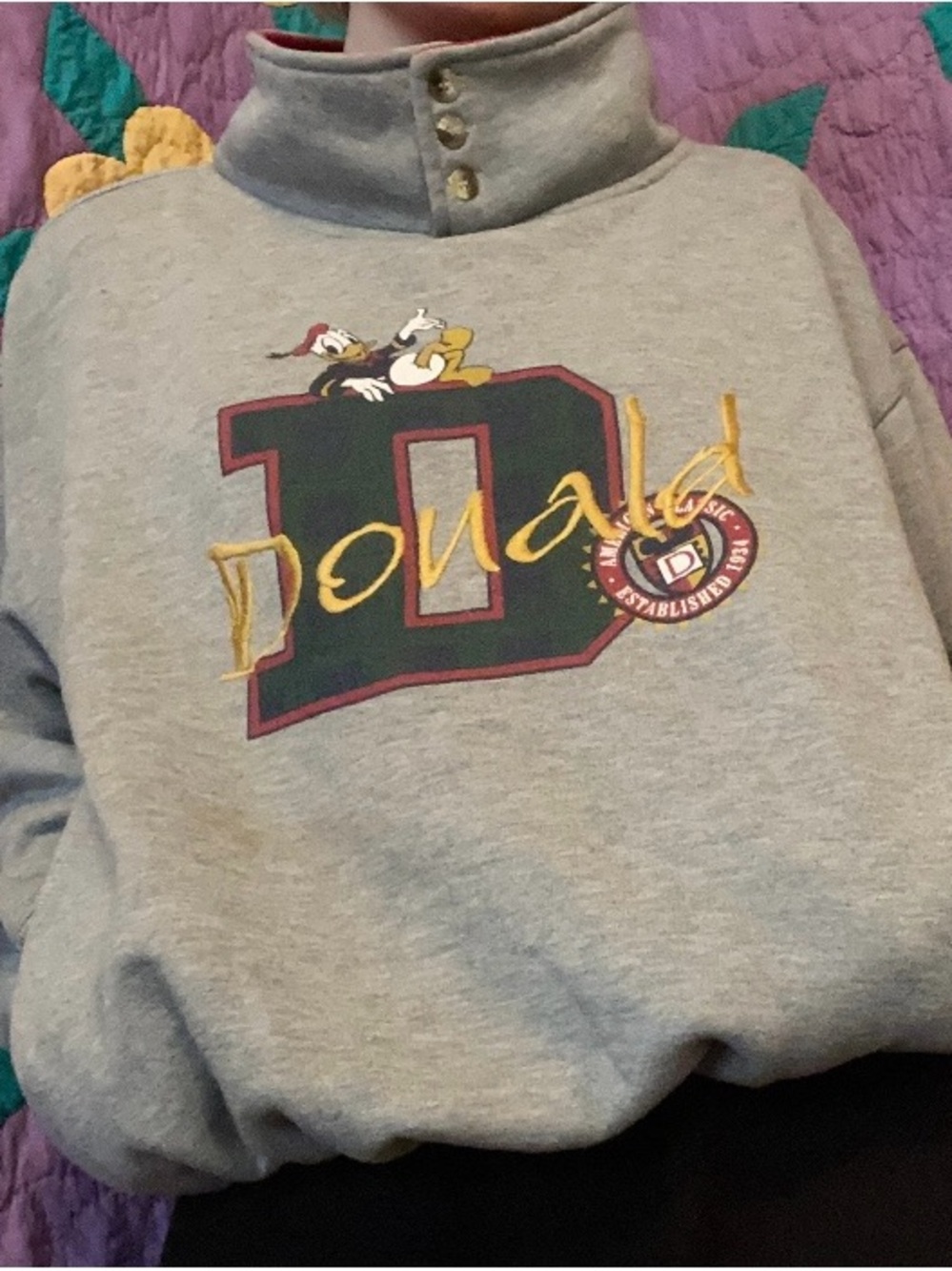 Vintage Disney Gray Donald Duck Quarter-Zip Pullover Sweatshirt